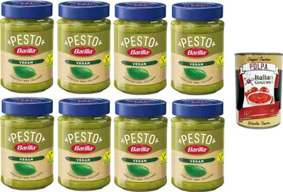 Produktbild von Barilla Pesto Di Basilico Vegan Condimento e Sugo per Pasta Veganes Basilikum-Pesto-Gewürz und Pastasauce 8x190 g+ Italian Gourmet polpa 400g