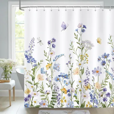 Immagine prodotto di Tenda da doccia impermeabile, con motivo floreale in stile acquerello, 180x180 cm, con 12 ganci, per il bagno