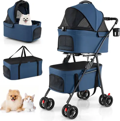 Zdjęcie produktu dla COSTWAY 3 w 1 składany wózek dla psów, buggy dla psów 2 poziomy, wózek dla zwierząt domowych z regulowanym daszkiem, okienkiem z siatki i kieszeniami, klatka dla psów, do 15 kg, niebieski