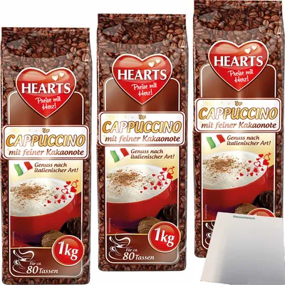 Produktbild von Hearts Cappuccino mit Kakao Instant Kaffeepulver 3er Pack (3x1kg Beutel) + usy Block