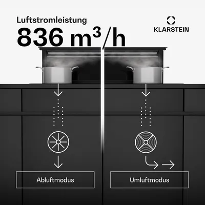 Produktbild von Klarstein Royal Flush Eco Downdraft Dunstabzugshaube - , 842 m³/h Luftumwälzung, Leise 70 dB, Touch-Bedienfeld, LED-Beleuchtung, Umluftbetrieb, Schwarz