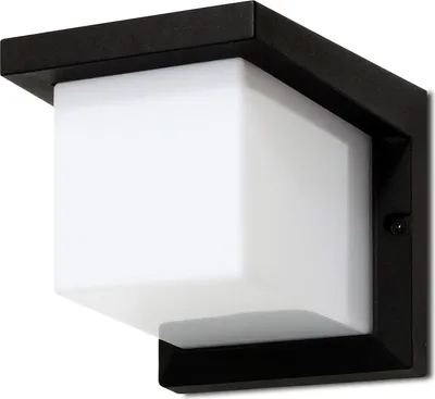 A black square outdoor wall light with a white frosted glass diffuser.