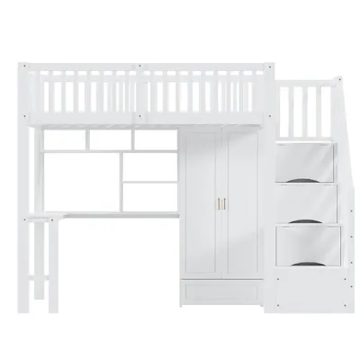 Produktbild von Flieks Etagenbett 90x200 mit Kleiderschrank, Hochbett mit Stauraumtreppe, Kinderbett Einzelbett mit Schreibtisch und Regal, Stockbett Weiß