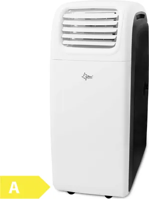 A portable air conditioner with an energy efficiency label in the foreground.
