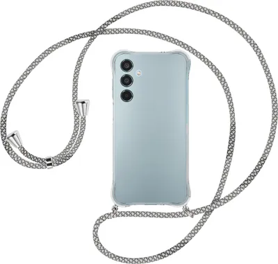 Produktbild von Handykette Backcover-Schutzhülle mit Band (Metall silberfarben) für Samsung Galaxy M35 5G - weiß/grau kariert