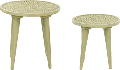 Produktbild von BELIANI Beistelltisch 2er Set Hellgrün aus Mangholz mit Muster Verzierungen Vintage Retro Rustikal Rund Couchtisch Set für Wohnzimmer