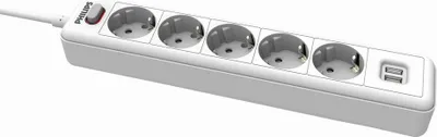 Obrázek produktu pro 5cestná zásuvka Philips - SPN3052WB/10 - 230V - Bílá - S USB - Hlavní vypínač