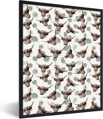 Produktbild von MuchoWow® Gerahmtes Poster Schottischer Highlander - Kuh - Muster 60x80 cm - Poster mit Schwarzem Bilderrahmen Wandposter Rahmen Foto Bilder - Premium - Wanddeko Wohnzimmer