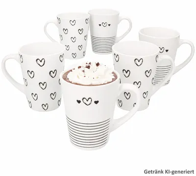 Obrázek produktu pro Sada 6 kusů hrníčků Cupid na kávu, 250 ml, porcelán, černobílé pruhy se srdíčky