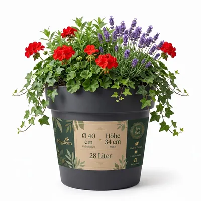 Produktbild von BigDean Blumentopf ø 40 cm Classic anthrazit Pflanzkübel groß außen | -mit Wasserspeicher - wetterfester Kunststoff - große Pflanzkübel
