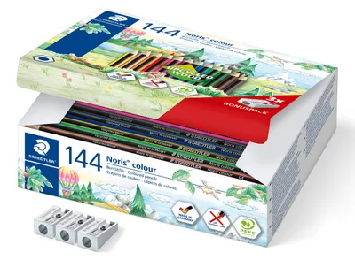 Produktbild von STAEDTLER Noris colour 185 Buntstift Klassensatz mit 144 Stiften in 12 Farben und Spitzern