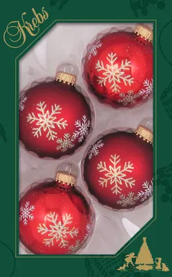Produktbild von Krebs Glas Lauscha Weihnachtsbaumkugeln 4er Set - Rot mit Schneeflocken - aus Glas - ca. 7 cm