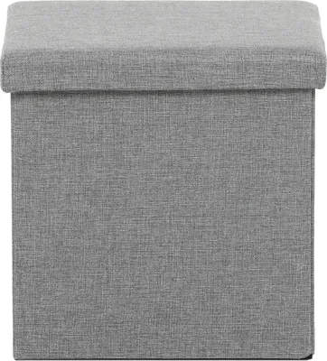 A plain studio shot of a gray storage ottoman.