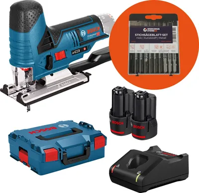 Produktbild von Bosch Akku-Stichsäge GST 12V-70 / 2x 2,0 Ah Akku + Ladegerät + WS24 Stichsägeblatt-Box 10tlg. Holz/Metall in L-Boxx