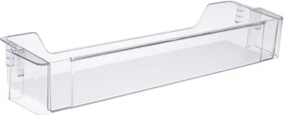 A clear, professional studio shot of a transparent plastic refrigerator door shelf.