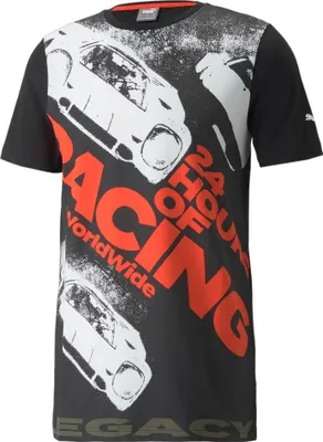 Produktbild von Porsche Legacy T-Shirt 24h Racing Puma, Offizieller Fanartikel, Schwarzes T-Shirt mit Allover-Grafikprint und Racing Schriftzug, 70% Baumwolle
