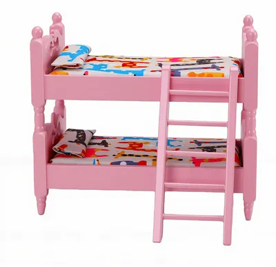 Image de Lit superposé pour poupées en bois à l'échelle 1:12 avec échelle, décor miniature, accessoires pour maison de poupées, kit de bricolage, rose