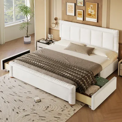 Obrázek produktu pro Postel STILVORA, čalouněná sametem, rozměr 180 x 200 cm, s 2 zásuvkami, manželská postel s úložným prostorem, postel pro mládež, barva: béžová