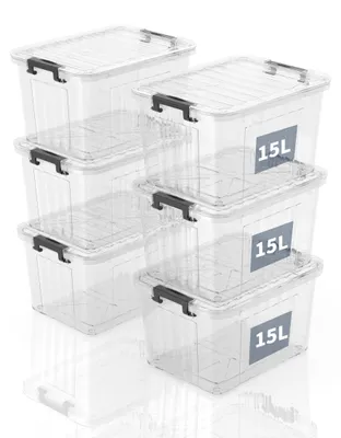 Aufbewahrungsboxen mit Deckel, 6er-Set, 15 l, transparent, stapelbar