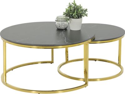 2er Set Couchtisch/Beistelltisch Joel-Rund-Sinterstein Mamoroptik Hochglanz Schwarz mit Metallgestell Gold-Ø80+60cm