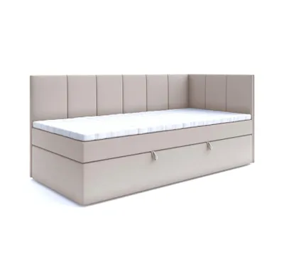 A beige upholstered bed with a mattress and a headboard, shown against a white background.