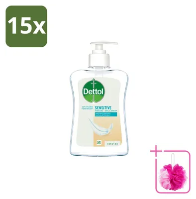 Imagen del producto de 15 unidades de jabón líquido para manos Dettol, fórmula para piel sensible, suave y nutritivo, 250 ml, pack económico