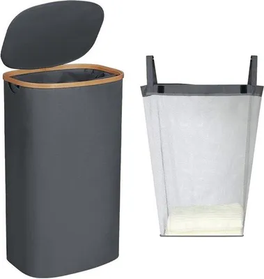 Image de Panier à linge gris de 110 litres avec poignée en bambou et sac amovible