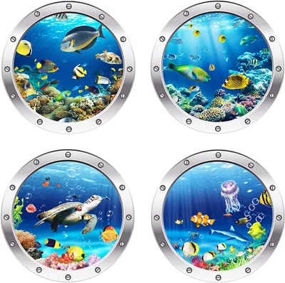 Produktbild von 3D Wandsticker Unterwasserwelt, 4 Stück, PVC Material, lebendige Ozeandekoration für Kinderzimmer