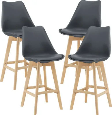 Four gray bar stools with wooden legs are arranged in a group against a white background.