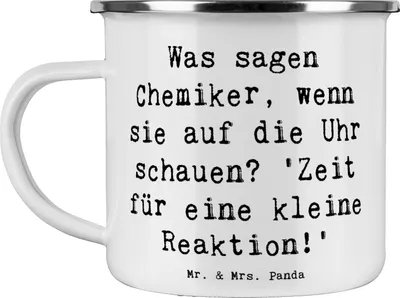 Produktbild von Mr. & Mrs. Panda Emaille Tasse Spruch Chemiker Reaktion - Weiß - Geschenk, liebevoll handgefertigt, Begeisterung, Überraschung, wanderbecher, Berufsliebe, Berufsalltag