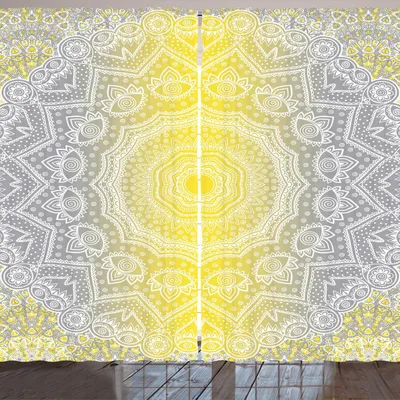 Obrázok produktu pre ARANDE Šedá a žltá záclona, budhistické vzory, motívy čakier, orientálne osvietenie, hinduizmus, potlač, 280 x 260 cm, žltá, šedá