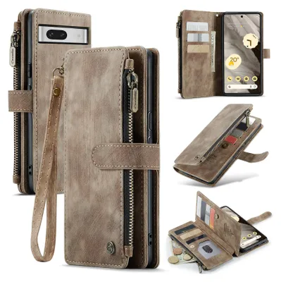Collage of images showing a brown leather wallet-style phone case for a Google Pixel 7A, with various angles and internal views.