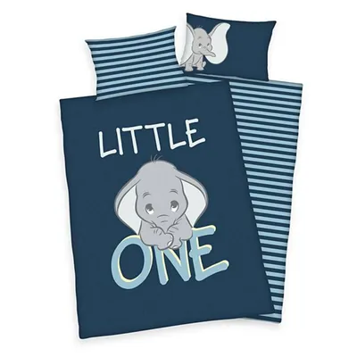 A Dumbo themed baby bedding set laid out on a white background.