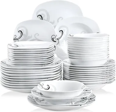 Zdjęcie produktu dla Porcelanowy serwis obiadowy VEWEET, 48-częściowy zestaw naczyń z miskami, talerzami deserowymi, talerzami obiadowymi i talerzami do zupy, serwis kombinowany dla 12 osób