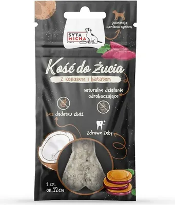 A black packaging bag for a dog chew bone, featuring illustrations and text.