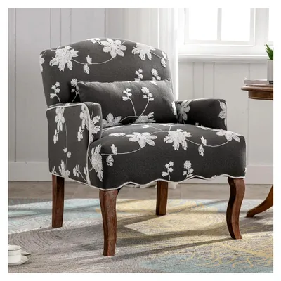 Produktbild von Vintage Sessel mit Armlehne, Polstersessel mit Holzbeinen und Blumenmuster für Wohnzimmer und Schlafzimmer, Grau
