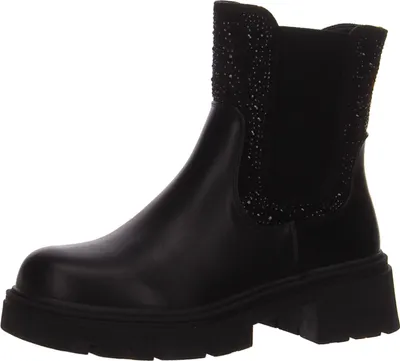 A black boot with rhinestones on a white background.