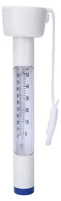 Obrázok produktu pre Prenosný teplomer z polypropylénu s šnúrkou, určený na meranie teploty v bazénoch, kúpaliskách, rybníkoch. Rozsah merania: 0-50 °C, 30-120 °F. Farba: biela
