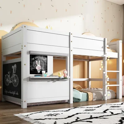 Immagine prodotto di Letto a castello per bambini, dimensioni 90x200, con scaletta e pannello laterale, in legno di pino, colore bianco