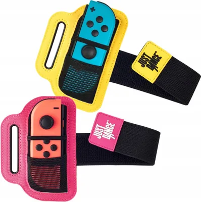 Two armbands for Nintendo Switch Joy-Cons, one yellow and one pink, each holding a Joy-Con.