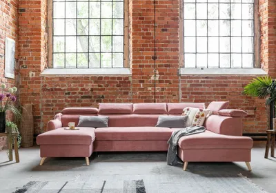 Image de MIUFORM Sweet Harmony - Canapé d'angle avec fonction lit et coffre de lit U-FORM DROITE - 321x208cm - Velours rose poudré - Canapé-lit Canapé