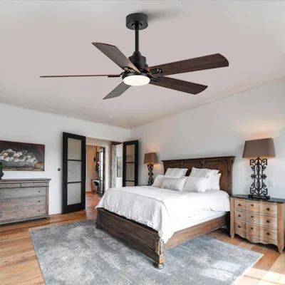 Produktbild von AIORBER Deckenventilator mit Licht und Fernbedienung, 52 Zoll, 5 Holzwendeflügel, leiser DC Motor, 6 Stufen, 3 Farbtemperaturen dimmbar, Schwarz+Dunkelnussbaum