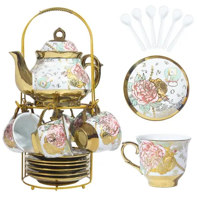 Teegeschirr aus Keramik, vergoldet, 6-tlg., Vintage-Stil, Gold