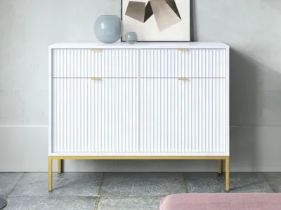 Produktbild von GrainGold Kommode Amber - Kommode mit Schubladen und Türen - Sideboard, TV-Kommode - Kommode Weiß mit Golden Beinen