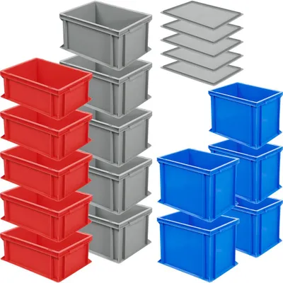 Produktbild von BRB 15x Stapelbox/Eurokästen in 3 Größen / 3 Farben LxB 400 x 300 mm, je 5X 170, 220, 320 mm hoch + 5X Auflagedeckel GRATIS!