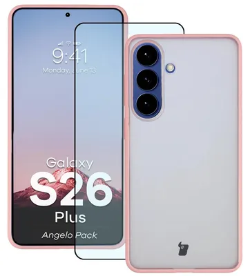 Produktbild von Schutzhülle + gehärtetem Glas für Galaxy S26 Plus, Bizon Angelo Pack, Semitransparent mit hellrosem Rahmen