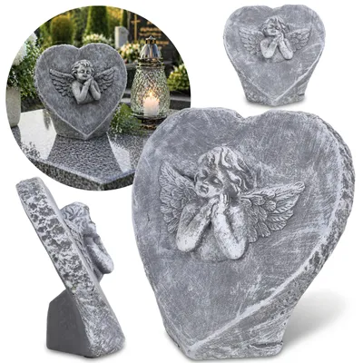 Produktbild von Zement-Grabfigur in Herzform mit ENGEL, Grabdekoration, 18 × 7,5 × 16 cm