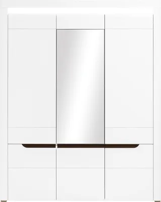 Produktbild von Furniture24 Kleiderschrank Irma IM14 Schlafzimmerschrank 3 Türiger Drehtürenschrank mit 5 Einlegeboden 3 Kleiderstangen Led Beleuchtug und Spiegel Weiß/Weiß Hochglanz