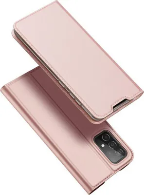 A rose gold colored phone case is shown in an open position, revealing the phone inside.