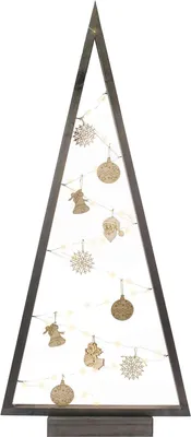 A decorative wooden Christmas tree with LED lights and ornaments, set against a white background.